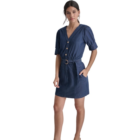 🌟DKNY Women's Puff-Sleeve Belted Cotton Denim Shirtdress - Picture 3 of 5